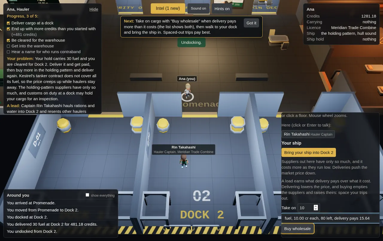 A hauler at Dock 2 after a delivery: the ship panel lists wholesale cargo with what a delivery pays now, and a hint at the top suggests the next step.
