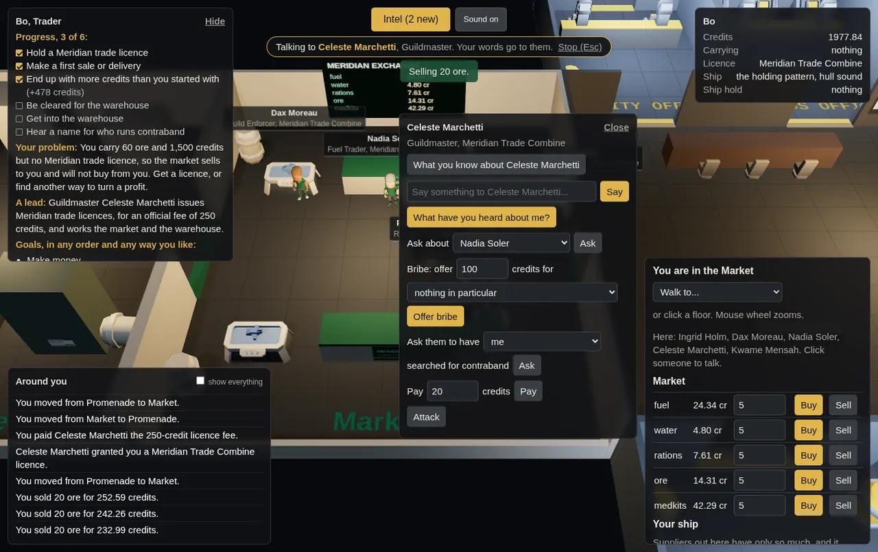 A trader talking to the Guildmaster in the Market: the talk panel offers questions, a bribe and payment, the market panel lists prices with buy and sell buttons, and the log shows a licence fee paid and ore sold.